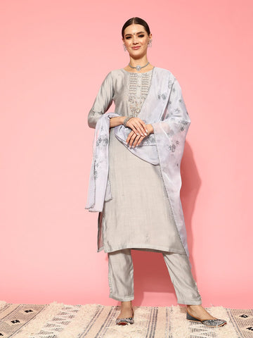 Varanga Women Grey Round Neck Embroidered Straight Kurta Paired With Tonal Bottom And Printed Dupatta